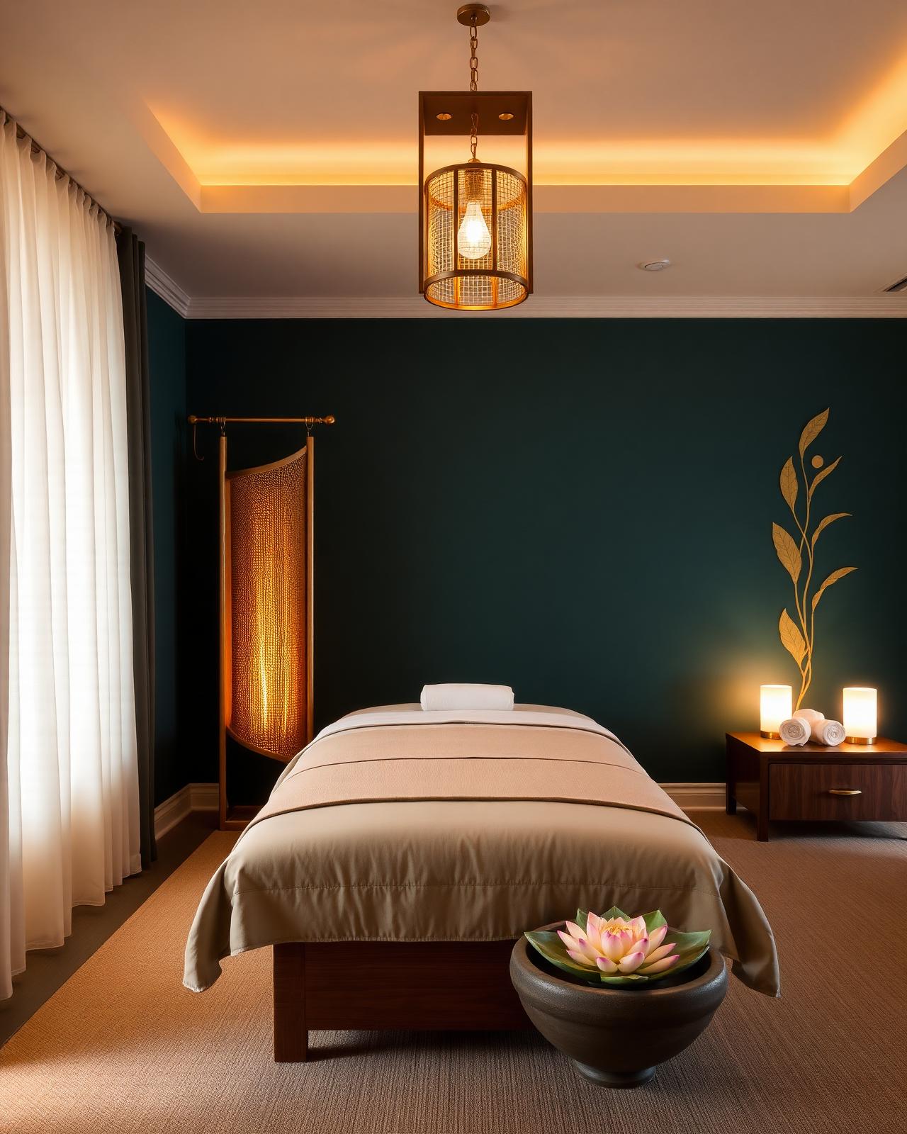 Serene Thai massage room with brass lantern