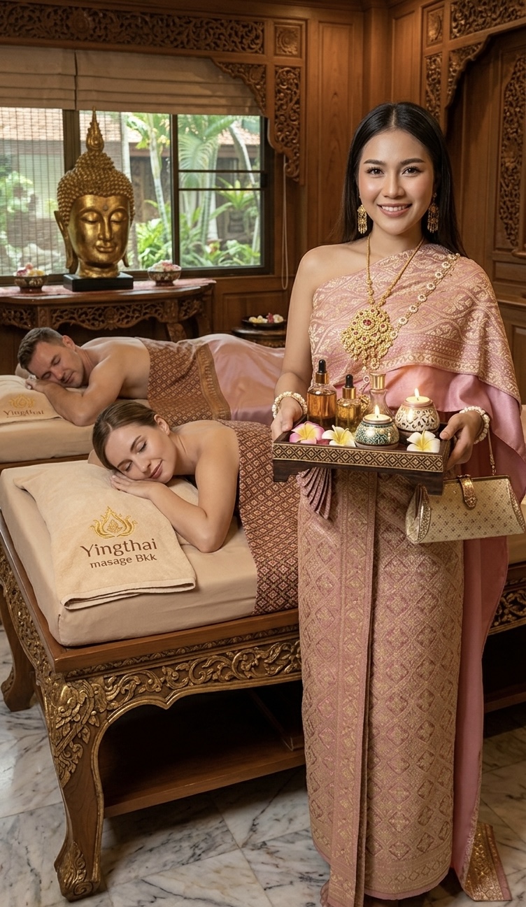 Thai therapist in traditional dress presenting an oil tray