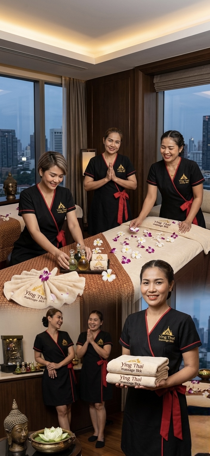 Ying therapists preparing massage bed with flowers and branded towels